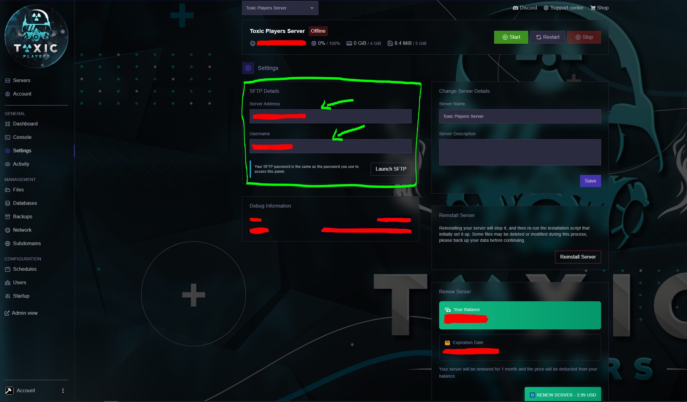 Server Address and Username